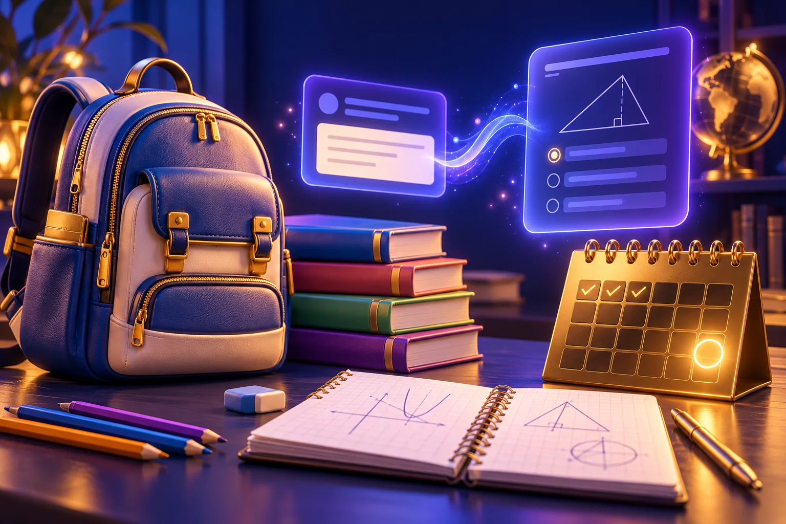 3D clay high school backpack, textbooks, practice papers and an exam countdown calendar