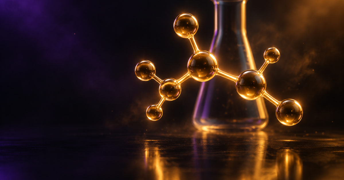 Gold molecular model with softly glowing bonds on a dark background