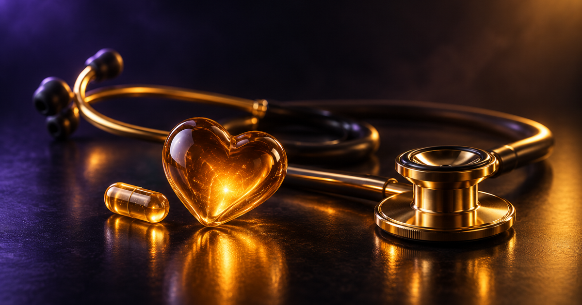 Golden stethoscope, translucent capsule and glowing heart on a dark surface