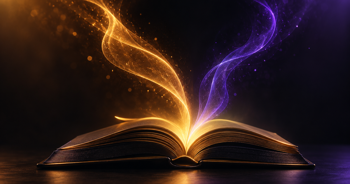 Open book with an amber and violet path of light rising from its pages