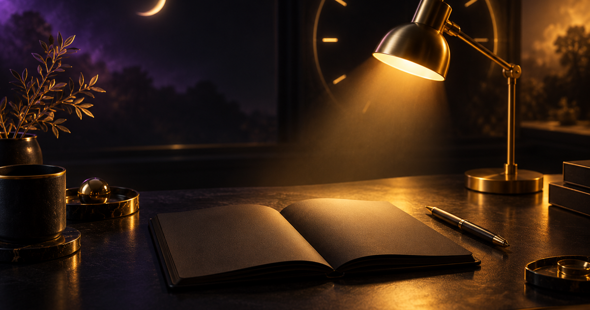 Golden desk lamp lighting blank study notes under a crescent moon