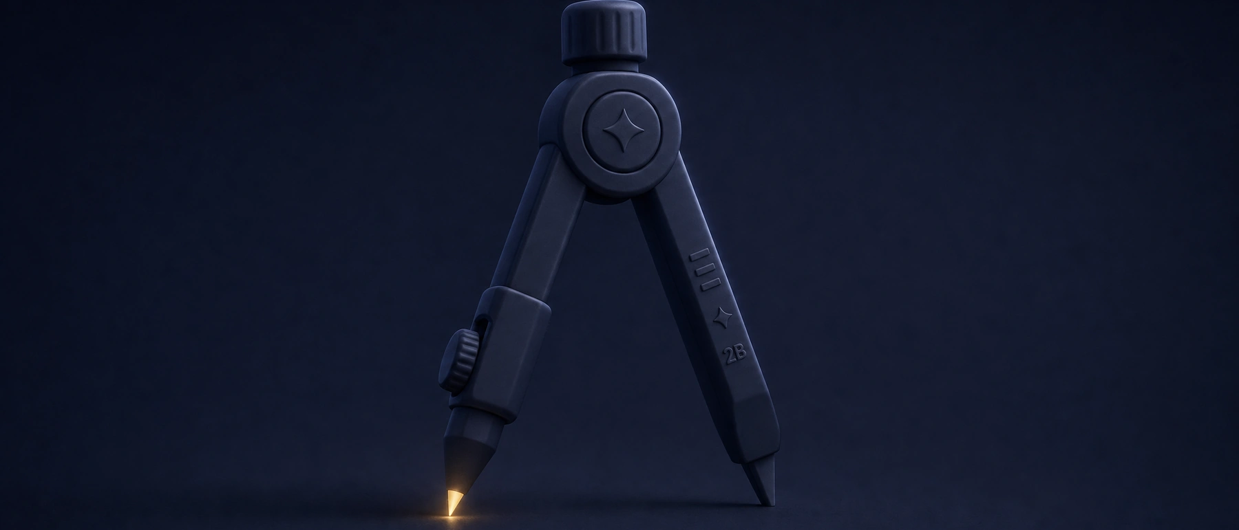 A matte navy drawing compass standing open, its pencil tip glowing soft amber, for planning IB math exam preparation