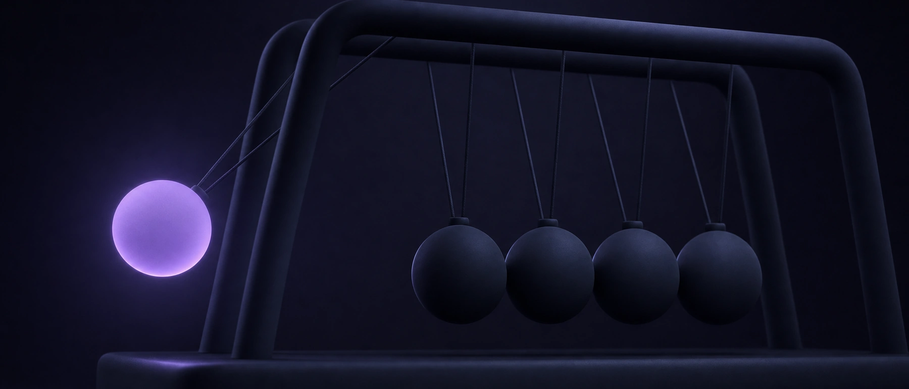 Dark blue Newton's cradle with the first ball swung out to the side, glowing soft lavender.